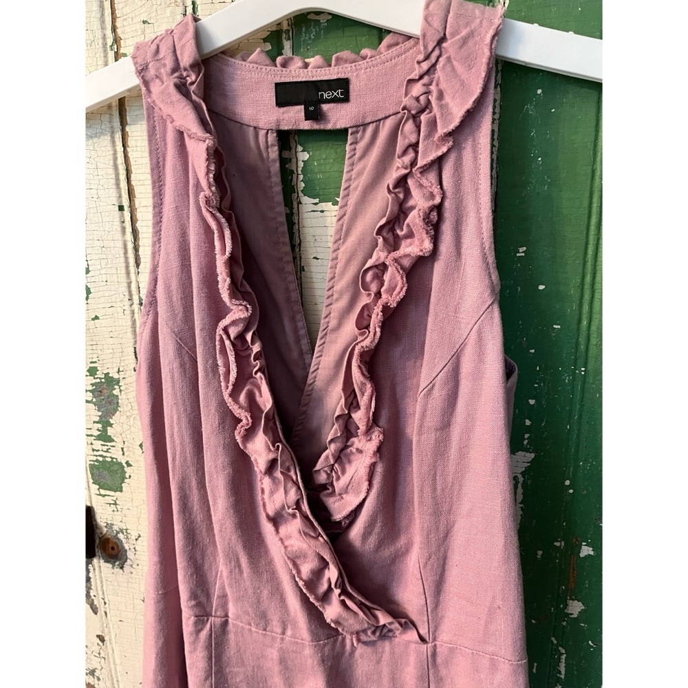 Next Linen Dress Womens Mauve Ruffled V-Neck
